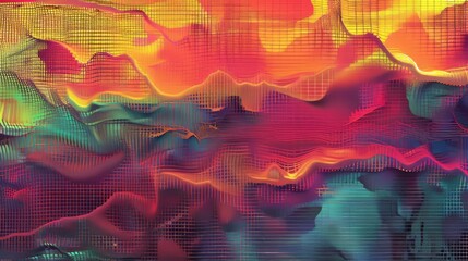 Wall Mural - A rich blend of red, yellow, and green hues forming abstract dynamic waves overlaid on a dark, gridded pattern.