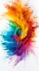 Sticker - A stunning visual of vibrant colored powder exploding into a spiral pattern against a white background, symbolizing energy and creativity.