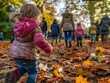 © sergio - A young girl runs through a path covered in fallen leaves. AI.