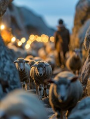 Poster - A flock of sheep walks through a rocky landscape. AI.