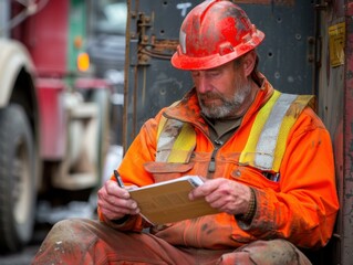 Wall Mural - A worker in an orange jumpsuit and hard hat takes notes. AI.