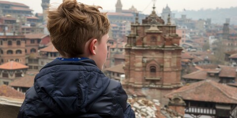 Poster - A young boy looks out over a city skyline. AI.