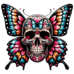 Wall Mural - Skull with colorful butterfly wings lively colours