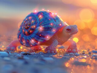 Wall Mural - A glowing turtle walks on the beach. AI.