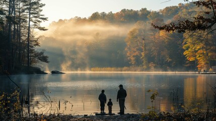 A father and his two sons fish on a misty lake. AI.