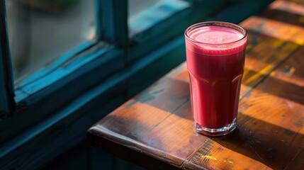 Poster - A glass of red smoothie on a wooden table. AI.