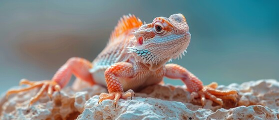 Wall Mural - A small lizard with bright orange and white skin sits on a rock. AI.