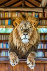 Canvas Print - A lion with a majestic mane sits on a wooden surface. AI.