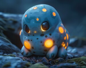 Poster - A glowing creature sits on a mossy rock. AI.