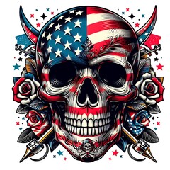 Wall Mural - Skull with flag americus and roses attractive lively