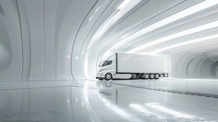 Poster - Future truck parking in a white studio, captured in a clean and modern style with a focus on sleek design and futuristic elements, emphasizing simplicity and clarity.