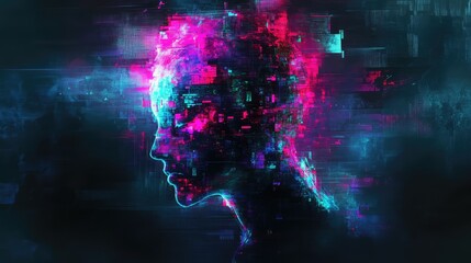 Abstract digital art with a human shape made of pulsating neon lights, distorted by glitch effects, set against a pixelated dark background.