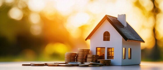 Miniature house model with coins in front representing real estate investment and savings