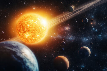Wall Mural - planets are orbiting massive star in deep space. planetary system and glowing star