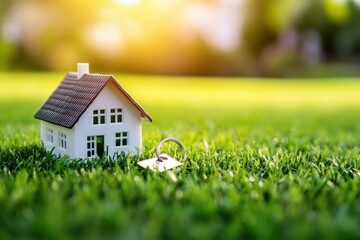 White house model with keys on green grass under warm sunlight