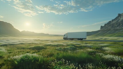 Wall Mural - High-definition photograph of a white truck in a green environment, captured with an epic composition and cinematographic style, highlighting the vehicle's presence and the natural surroundings.