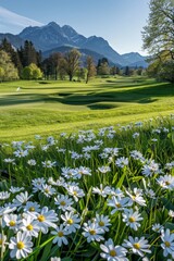 Sticker - A vibrant spring day at Kitzbühel Eichenheim Golf Course, featuring newly bloomed flowers, lush green grass, and the warmth of the Alpine sun, captured in high-resolution with natural lighting.