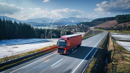 Wall Mural - Modern European red truck driving on a highway with GPS connections visible in the background, set against a backdrop of nature, forest, and mountains.