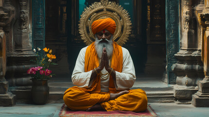 Wise man in prayer with halo: serene spiritual moment.