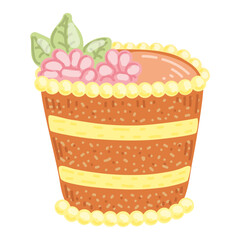 Cake hand drawn flat. Festive dessert with flowers. Sweet pastry with cream. Birthday cake. Food for the holiday. Sugar sponge cake. Baker. Vector art image.