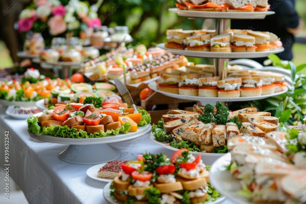 Elegant catering buffet table with delicious sandwiches canapes and appetizers for celebration event