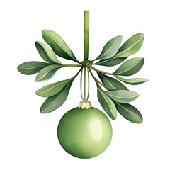 Wall Mural - A beautiful illustration of a green ornament hanging from leafy branches, ideal for festive designs and seasonal inspirations. transparent background watercolor style