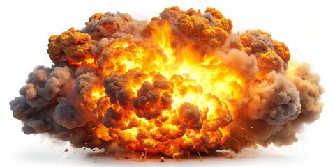 Fiery Explosion with Smoke and Debris, 3D Render, Explosion, Fireball, Smoke Cloud