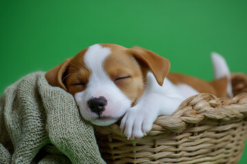 A sleeping puppy nestled in a basket, surrounded by a cozy blanket.