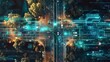 © qorqudlu - Intelligent transportation system concept showing a bird's-eye view of a multi-lane road with futuristic digital graphics indicating data analytics and vehicle diagnostics.