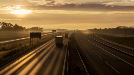 Wall Mural - Heavy-duty transporter driving on a nearly empty German highway at dawn, showcasing the vastness and serenity of the scene with early morning light casting long shadows.