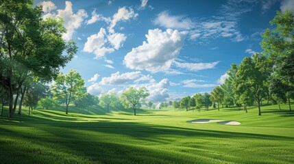 Wall Mural - Views of a sunny day on a golf course, realistic nature scene with no people, captured in high-resolution.