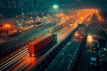 Truck with container moving at night, showcasing transportation routes in a logistics system, captured in high-resolution with a raw style.