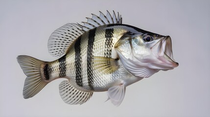 A large crappie fish with a distinctive black and white pattern isolated on a white background with its mouth opened.