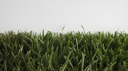 A photo of a synthetic grass carpet isolated on a white background. The grass has a green hue and is neatly arranged.