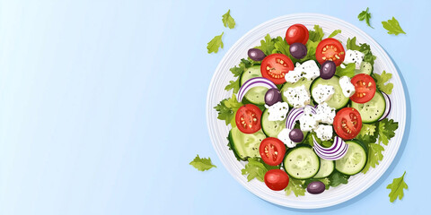 Wall Mural - Greek salad on a plate with cucumbers, tomatoes, red onions, olives, and crumbled feta