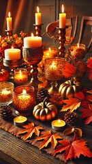 Poster - A table is set with candles and pumpkins, creating a warm and cozy festive autumn atmosphere.Thanksgiving or Halloween autumnal decor for home