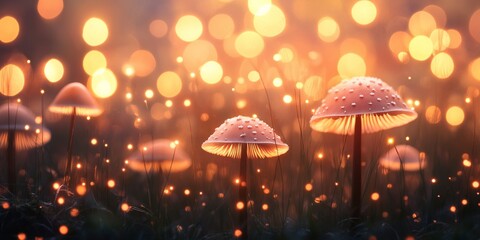 Canvas Print - A soft, abstract background featuring mushrooms illuminated by warm, glowing bokeh lights