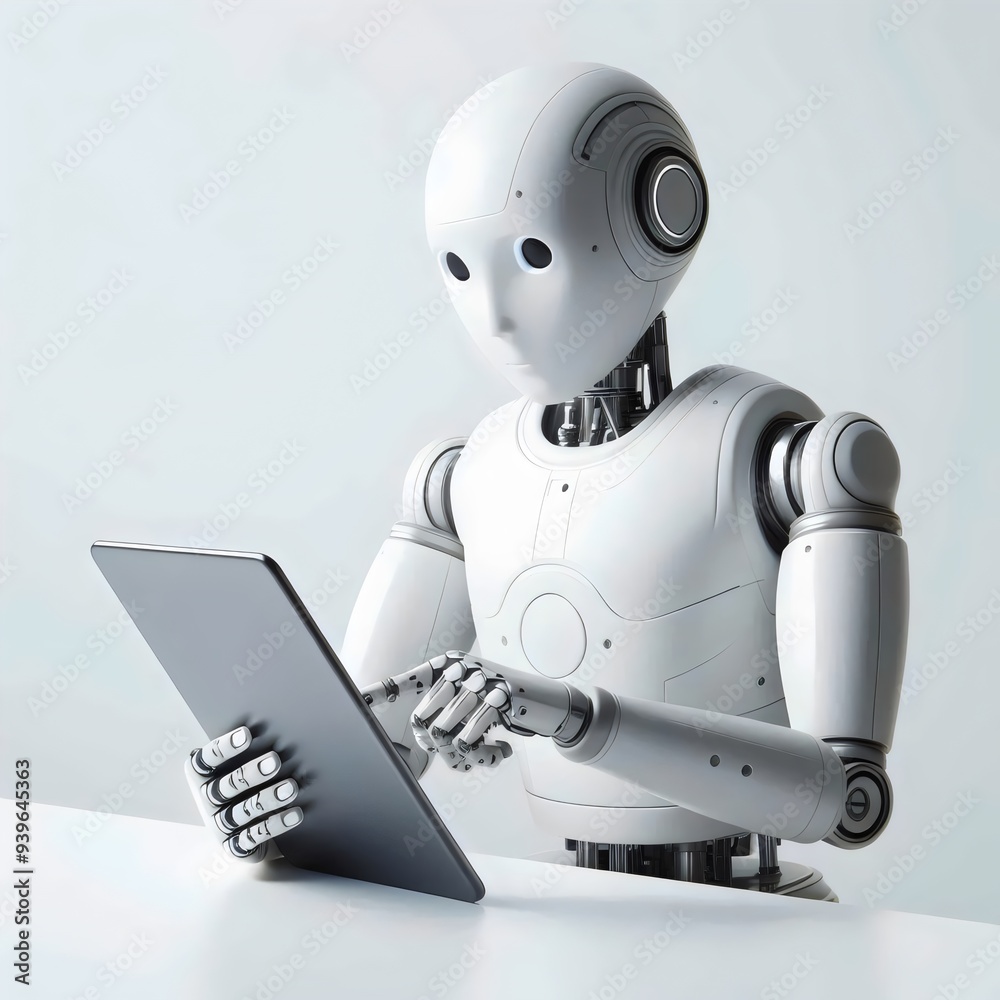Ai robot using tablet on white background. Artificial intelligence ...