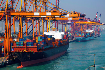 Container ship unloading cargo containers at a port. Majestic vessel amidst bustling maritime transport operations.