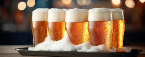 a tray of frosty beer mugs with foam spilling over, ready to be served at a bustling pub, photoreali
