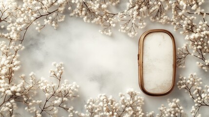 Wall Mural - A light, gentle abstract background featuring a bronze glasses case surrounded by delicate white floral elements, providing ample copy space