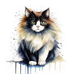 Wall Mural - a black and white fluffy cat. a pet. a beautiful pet. watercolor illustration. artificial intelligence generator, AI, neural network image. background for the design.