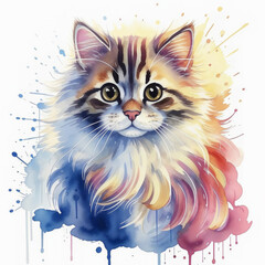 Wall Mural - a multicolored, brown striped fluffy cat. a pet. a beautiful pet. watercolor illustration. artificial intelligence generator, AI, neural network image. background for the design.