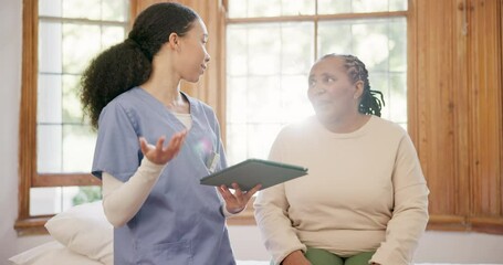 Poster - Home, elderly woman and nurse with a tablet, connection and conversation with internet, results or speaking. Apartment, old person or caregiver with technology, feedback or discussion with review