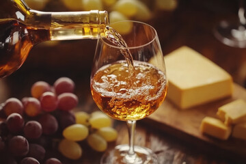 Cinematic shot of wine being poured into a glass with cheese and grapes