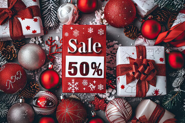 Sale: 50% off Christmas ornaments! Decorate for Valentine's Day with carmine-red ornaments in a display featuring festive fruits and ornaments.