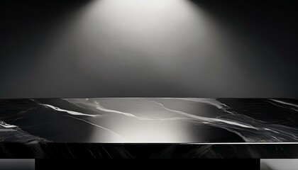 Wall Mural - Black marble table illuminated by spotlight. Empty studio on black background. Minimalist mockup podium for showcase. Empty desk, interior room for displaying products	