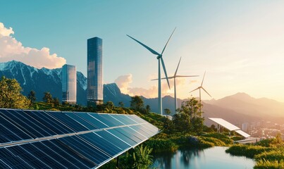 futuristic renewable energy: wind farm & solar panels