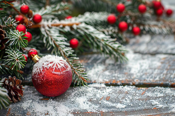 Red Christmas ornaments adorn a Colorado spruce tree, adding festive cheer to winter decor.