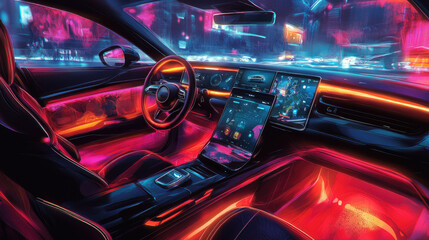 Wall Mural - Futuristic Neon-Lit Car Interior with Advanced Digital Displays at Night